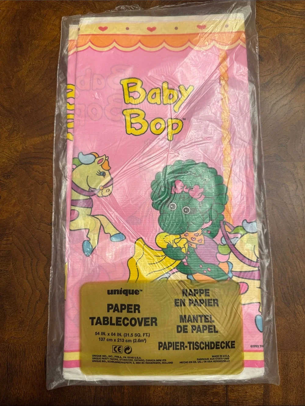 NWT Vintage Unique Baby Bop Barney Pink Paper Tablecover 54” x 84” tablecloth